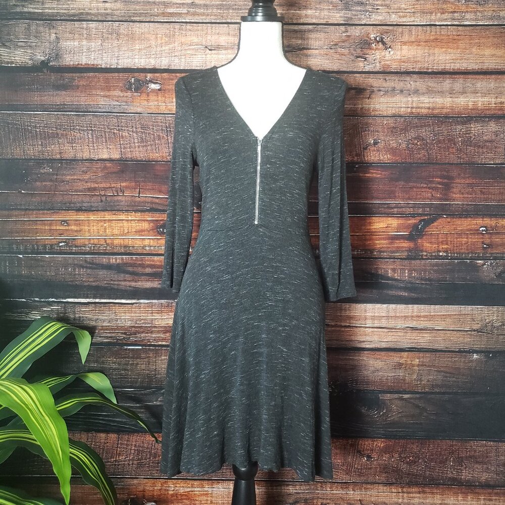 Express Dress S Rayon Stretch Fit & Flare Heathered Gray 3/4 Sleeve Zip